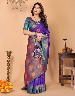 Purple pure silk woven zari work saree with blouse 2