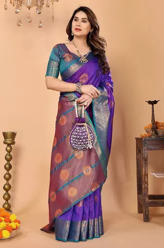 Purple pure silk woven zari work saree with blouse