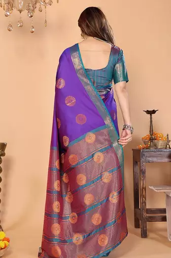Purple pure silk woven zari work saree with blouse