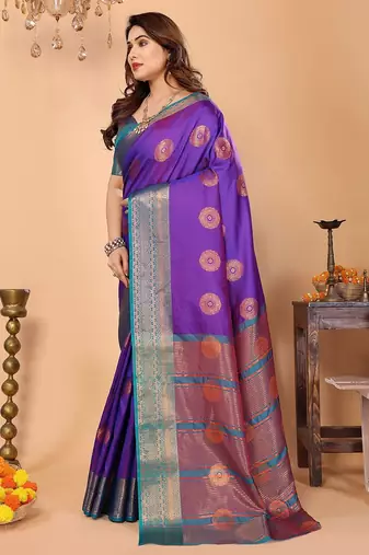 Purple pure silk woven zari work saree with blouse