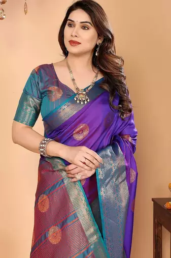 Purple pure silk woven zari work saree with blouse
