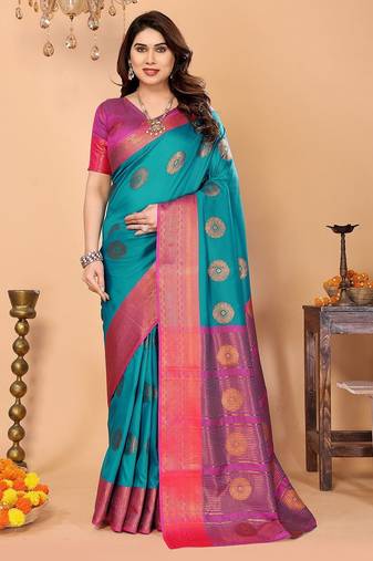 Multicolor pure silk printed zari work saree with blouse