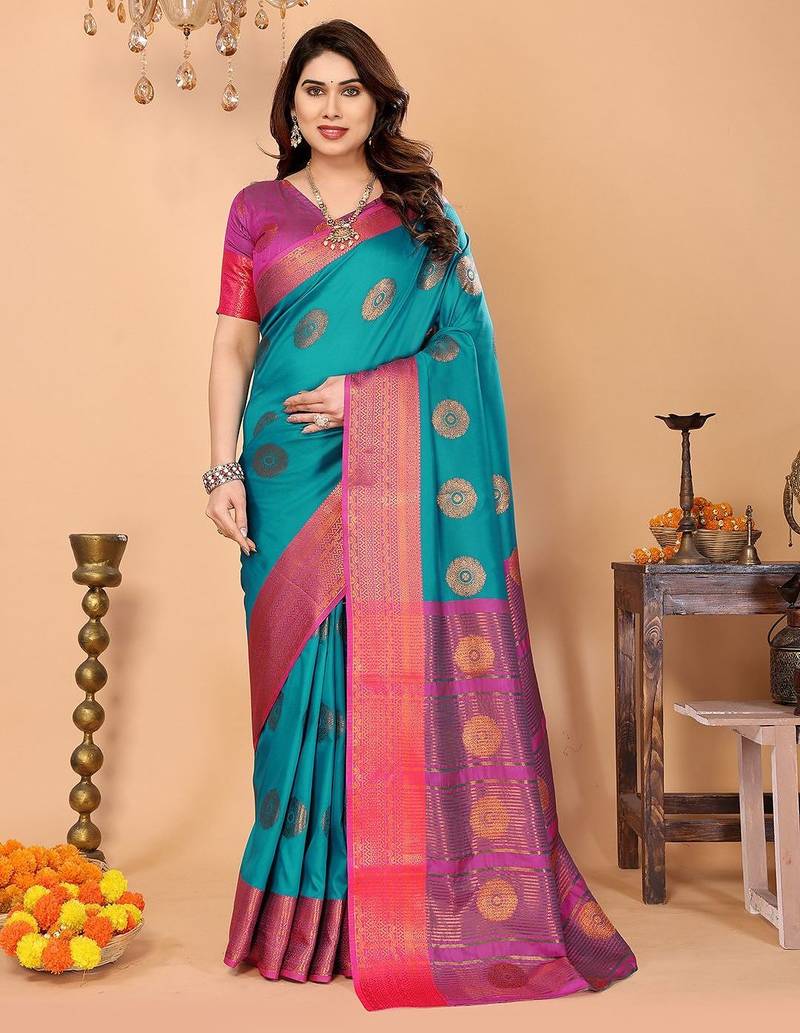 Multicolor pure silk printed zari work saree with blouse