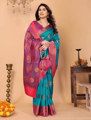 Multicolor pure silk printed zari work saree with blouse 2