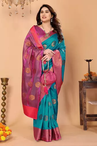 Multicolor pure silk printed zari work saree with blouse