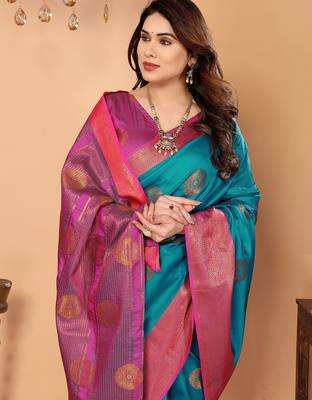 Multicolor pure silk printed zari work saree with blouse 3