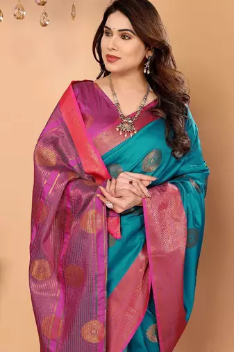 Multicolor pure silk printed zari work saree with blouse