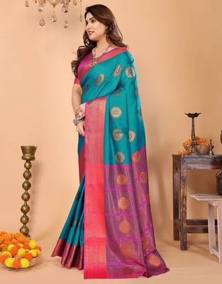 Multicolor pure silk printed zari work saree with blouse 4