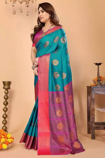 Multicolor pure silk printed zari work saree with blouse