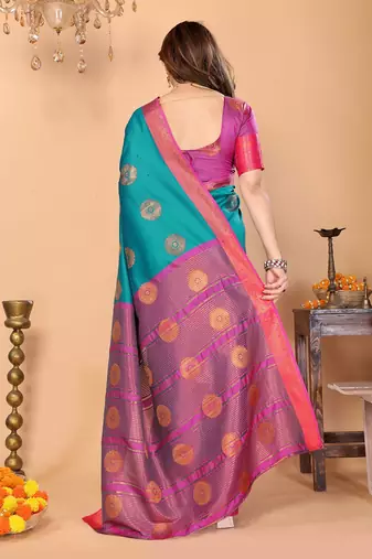 Multicolor pure silk printed zari work saree with blouse