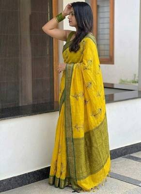 Gold blended cotton embroidered zari work saree with blouse 3