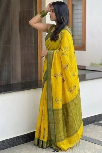 Gold blended cotton embroidered zari work saree with blouse