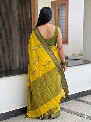Gold blended cotton embroidered zari work saree with blouse 4