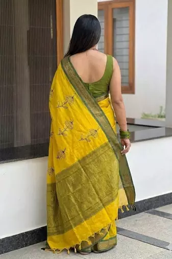 Gold blended cotton embroidered zari work saree with blouse