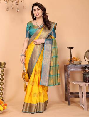 Multicolor pure silk woven zari work saree with blouse 2