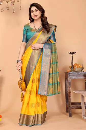 Multicolor pure silk woven zari work saree with blouse