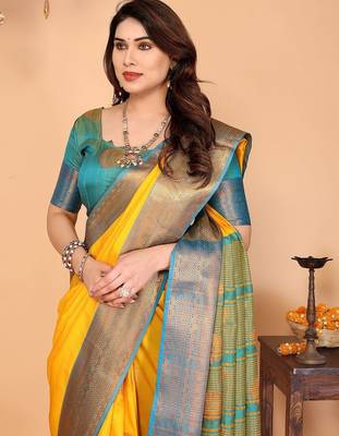 Multicolor pure silk woven zari work saree with blouse 3