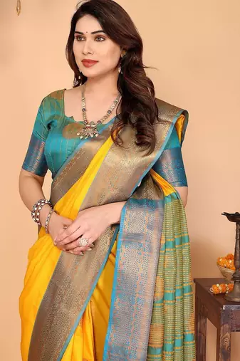 Multicolor pure silk woven zari work saree with blouse