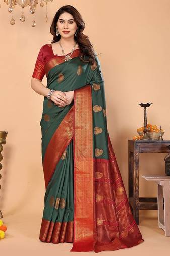 Dark green maroon silk blend woven zari work saree with blouse