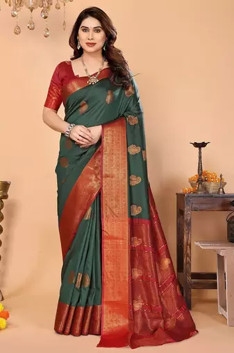 Dark green maroon silk blend woven zari work saree with blouse