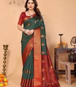 Dark green maroon silk blend woven zari work saree with blouse