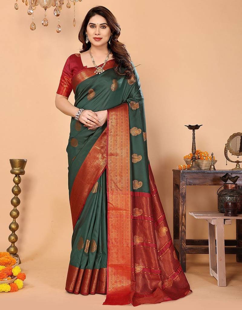 Dark green maroon silk blend woven zari work saree with blouse