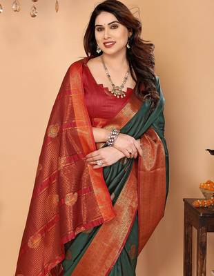 Dark green maroon silk blend woven zari work saree with blouse 2