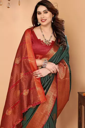Dark green maroon silk blend woven zari work saree with blouse