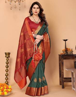 Dark green maroon silk blend woven zari work saree with blouse 3
