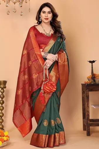 Dark green maroon silk blend woven zari work saree with blouse
