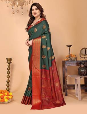Dark green maroon silk blend woven zari work saree with blouse 4