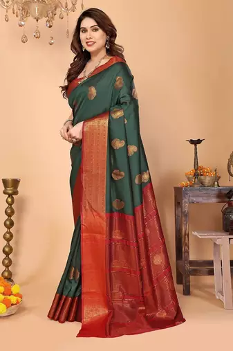 Dark green maroon silk blend woven zari work saree with blouse