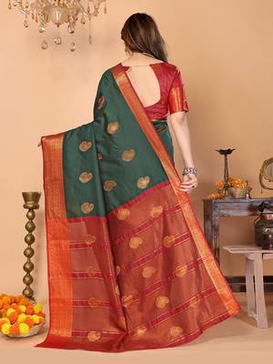 Dark green maroon silk blend woven zari work saree with blouse 5