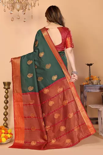 Dark green maroon silk blend woven zari work saree with blouse