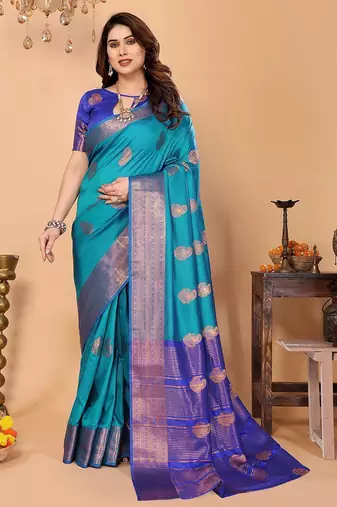 Light blue silk blend woven zari work saree with blouse