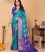 Light blue silk blend woven zari work saree with blouse