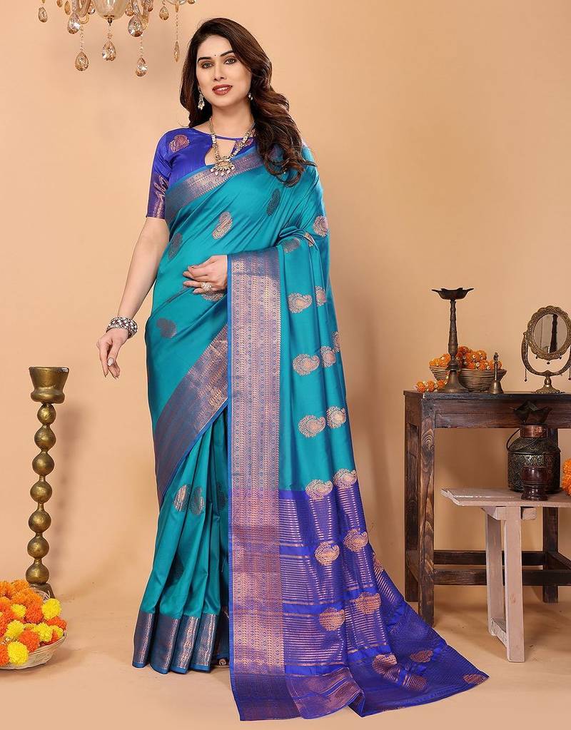 Light blue silk blend woven zari work saree with blouse