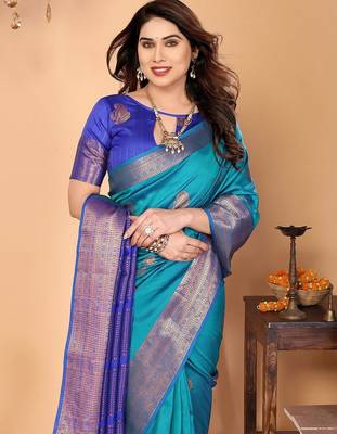 Light blue silk blend woven zari work saree with blouse 2
