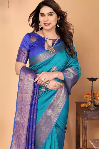 Light blue silk blend woven zari work saree with blouse