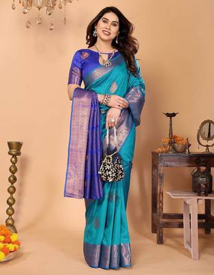 Light blue silk blend woven zari work saree with blouse 3