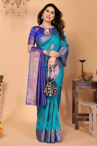 Light blue silk blend woven zari work saree with blouse