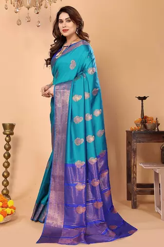 Light blue silk blend woven zari work saree with blouse