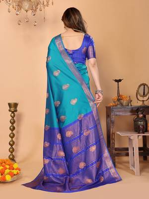 Light blue silk blend woven zari work saree with blouse 5