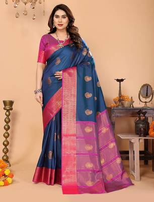 Dark blue silk blend woven zari work saree with blouse 1