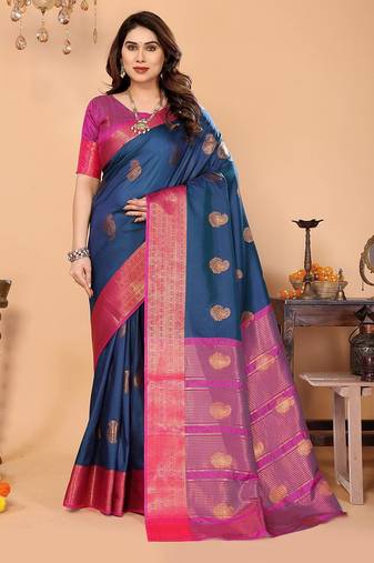 Dark blue silk blend woven zari work saree with blouse