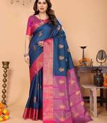 Dark blue silk blend woven zari work saree with blouse