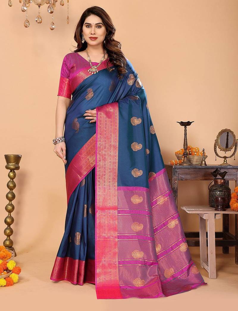 Dark blue silk blend woven zari work saree with blouse
