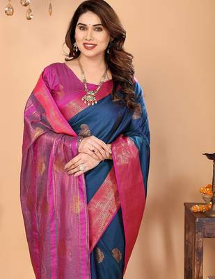 Dark blue silk blend woven zari work saree with blouse 2