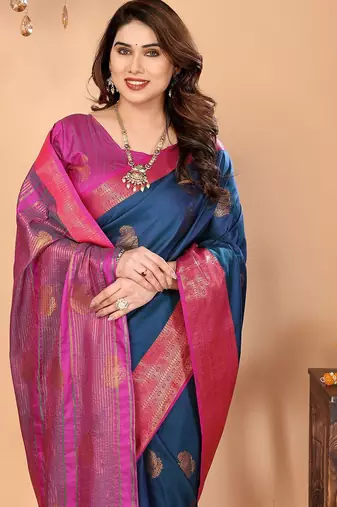 Dark blue silk blend woven zari work saree with blouse