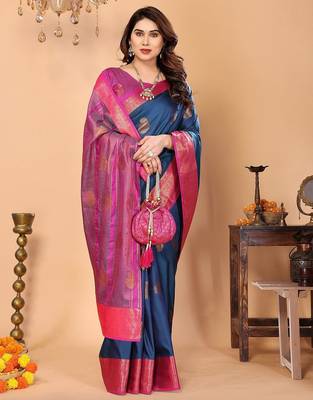 Dark blue silk blend woven zari work saree with blouse 3